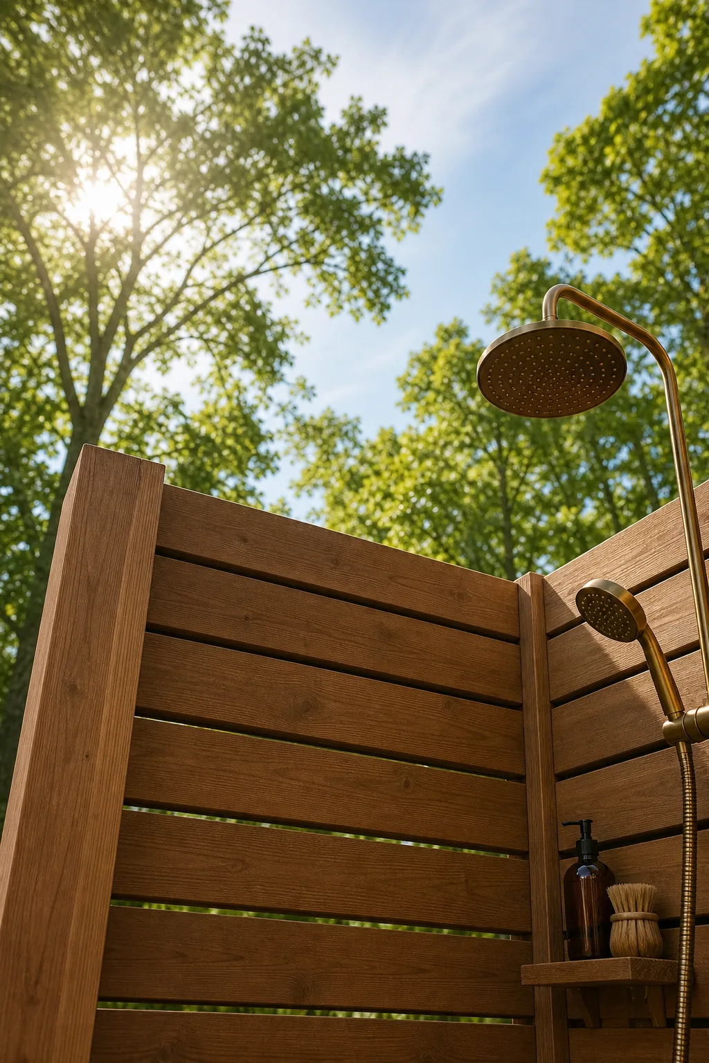Top edge of a cedar shower wall against a backdrop of green trees and sky.