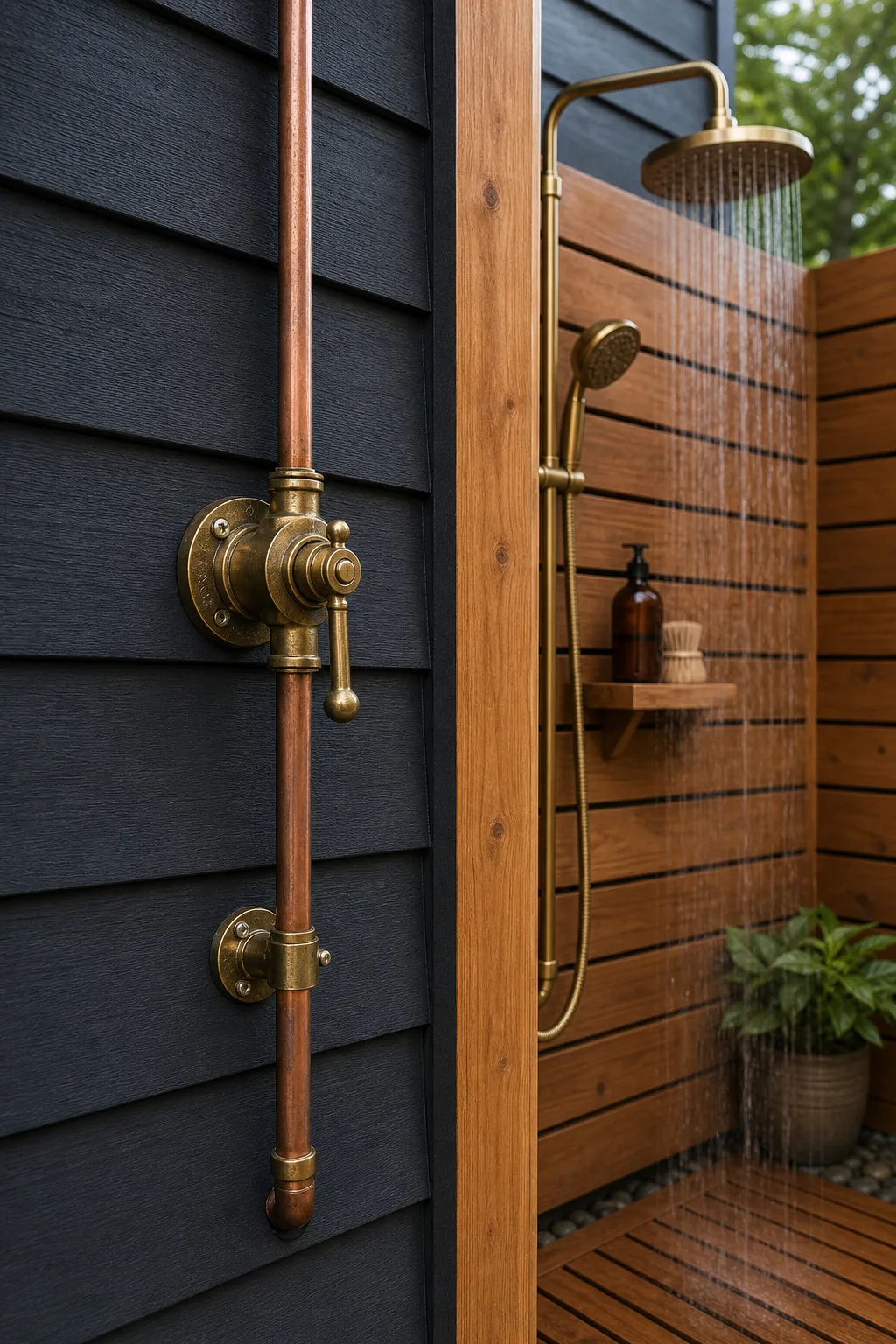 Heavy brass plumbing valve and copper pipe mounted on dark grey house siding.