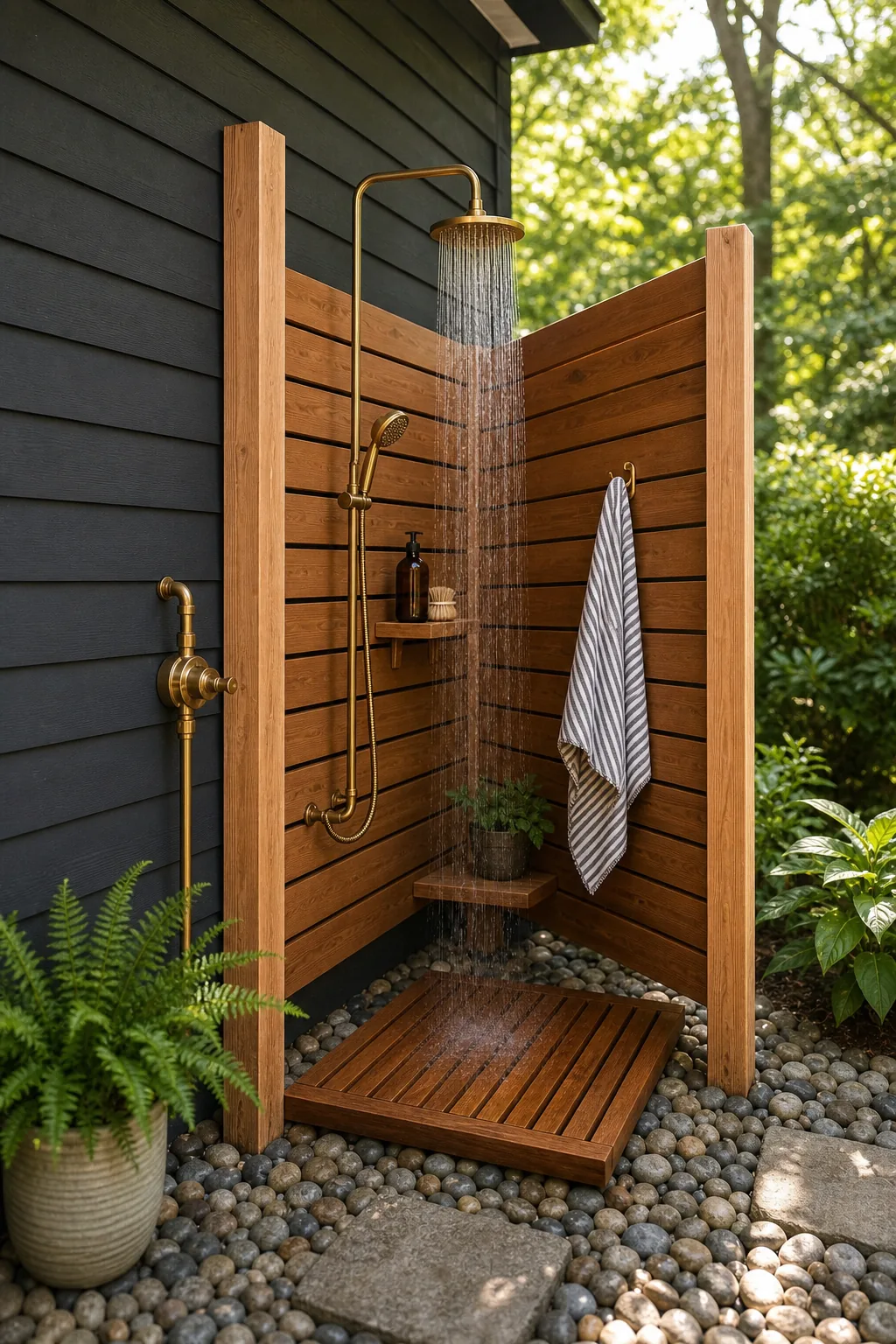 Exposed brass rainfall showerhead and hand wand mounted on a cedar wall with running water.