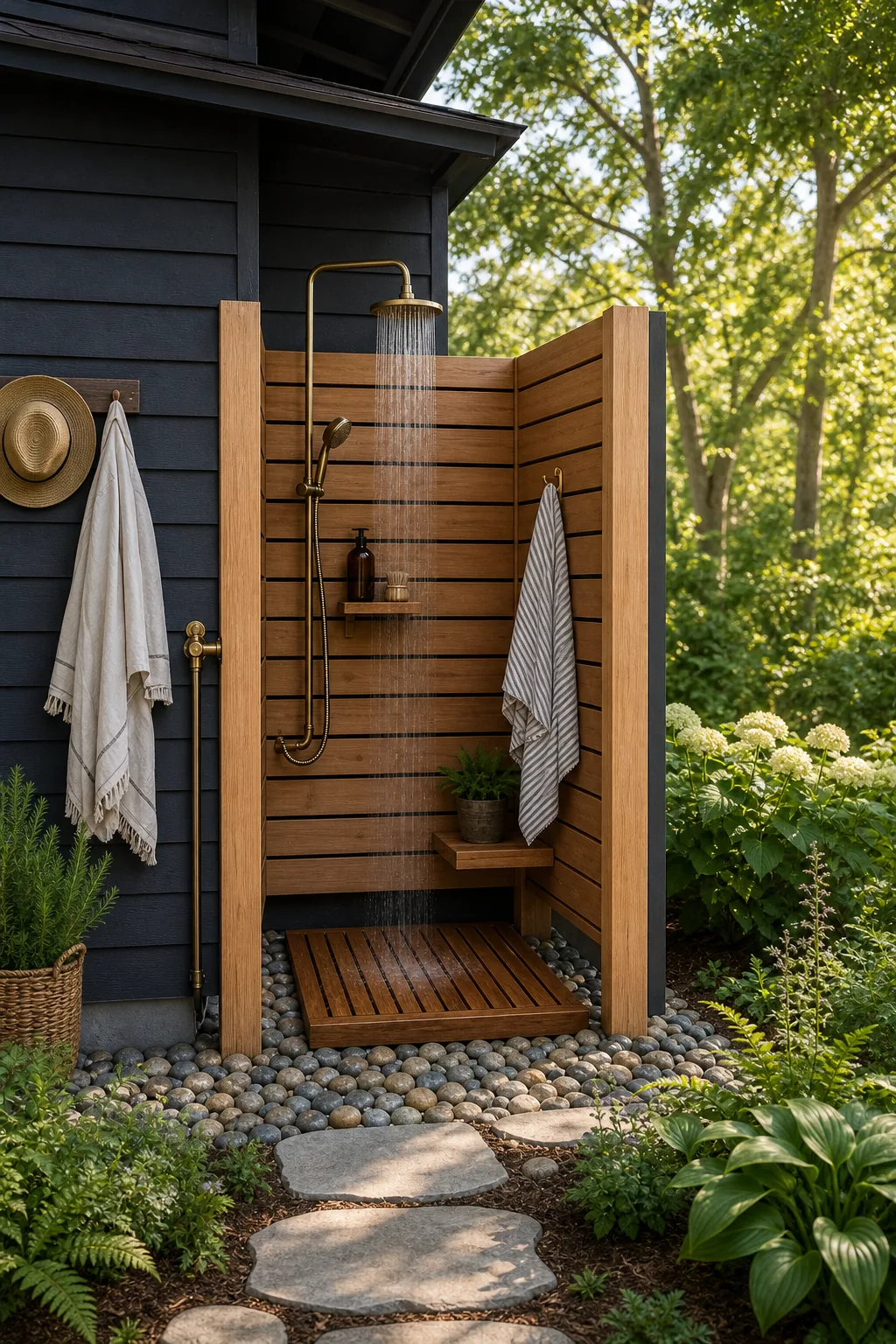 Finished outdoor shower with cedar walls, brass fixtures, river rocks, and a striped towel.
