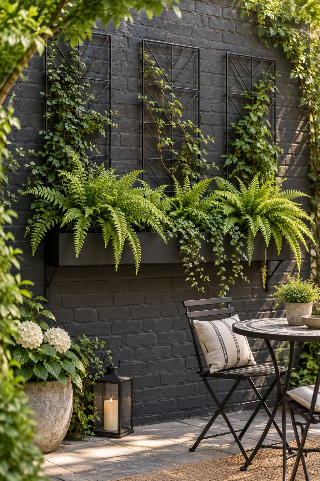 A dark charcoal brick wall with a black metal shelf holding green ferns.