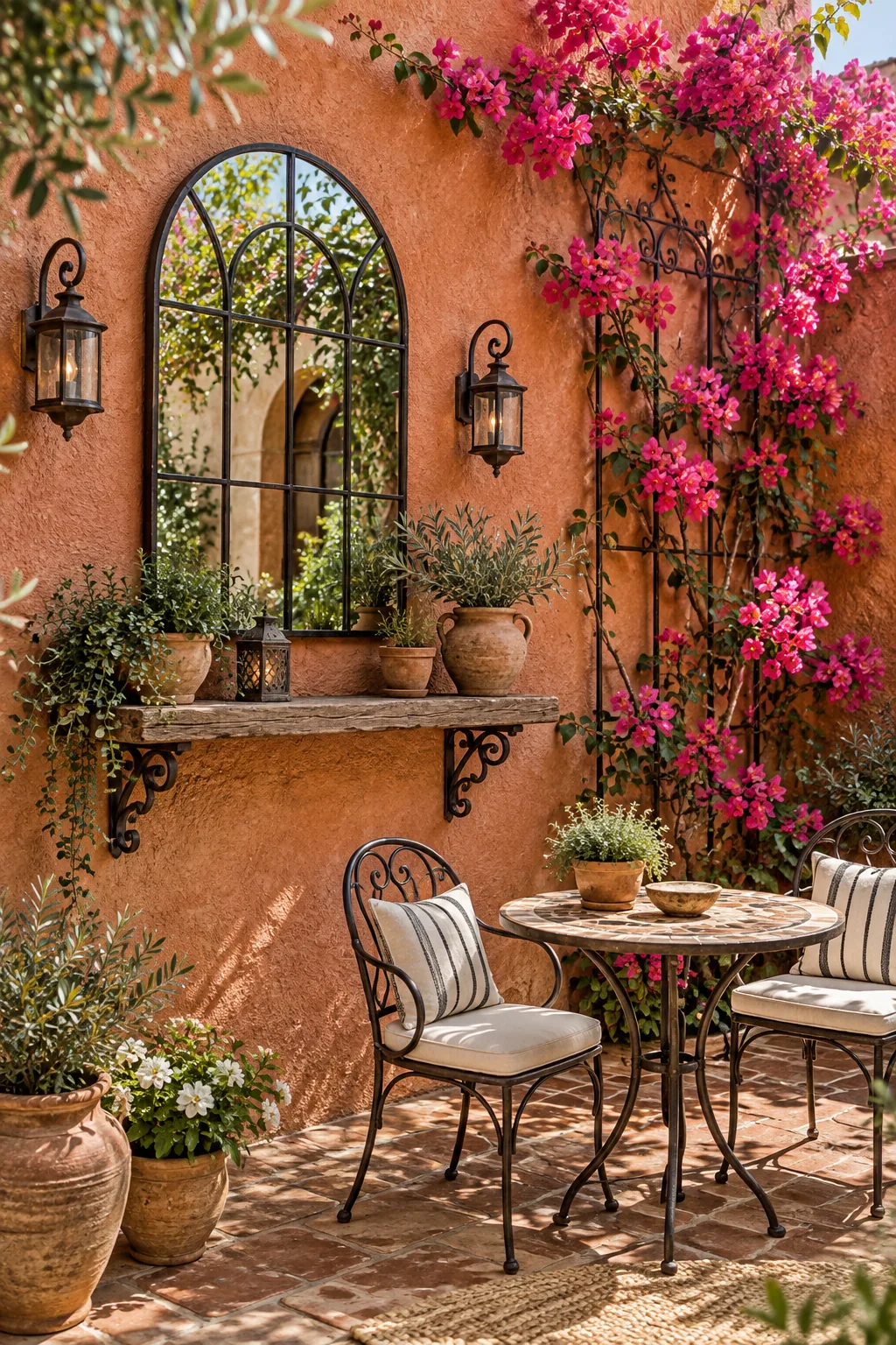 A warm terracotta stucco wall with wrought iron details and pink bougainvillea.