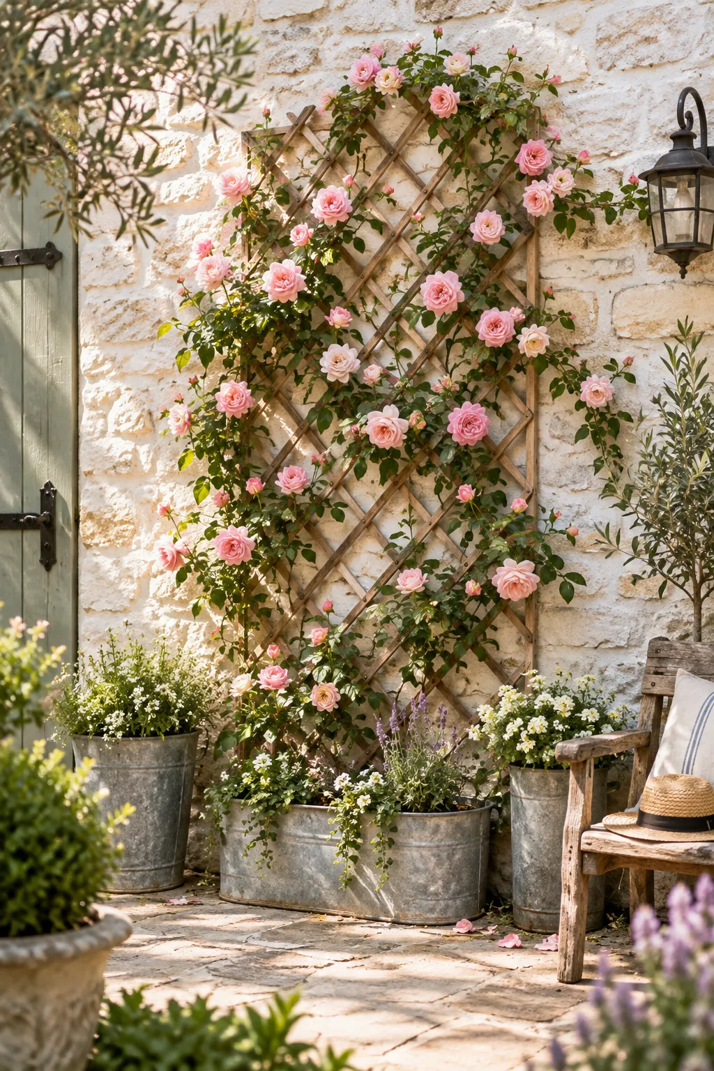 A whitewashed stone wall with a wooden diamond trellis and climbing pink roses.