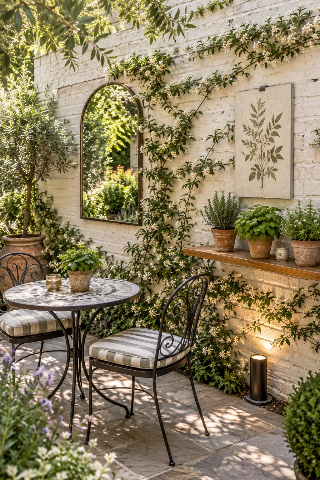 Star jasmine vines growing along horizontal stainless steel wires mounted to a white brick wall.