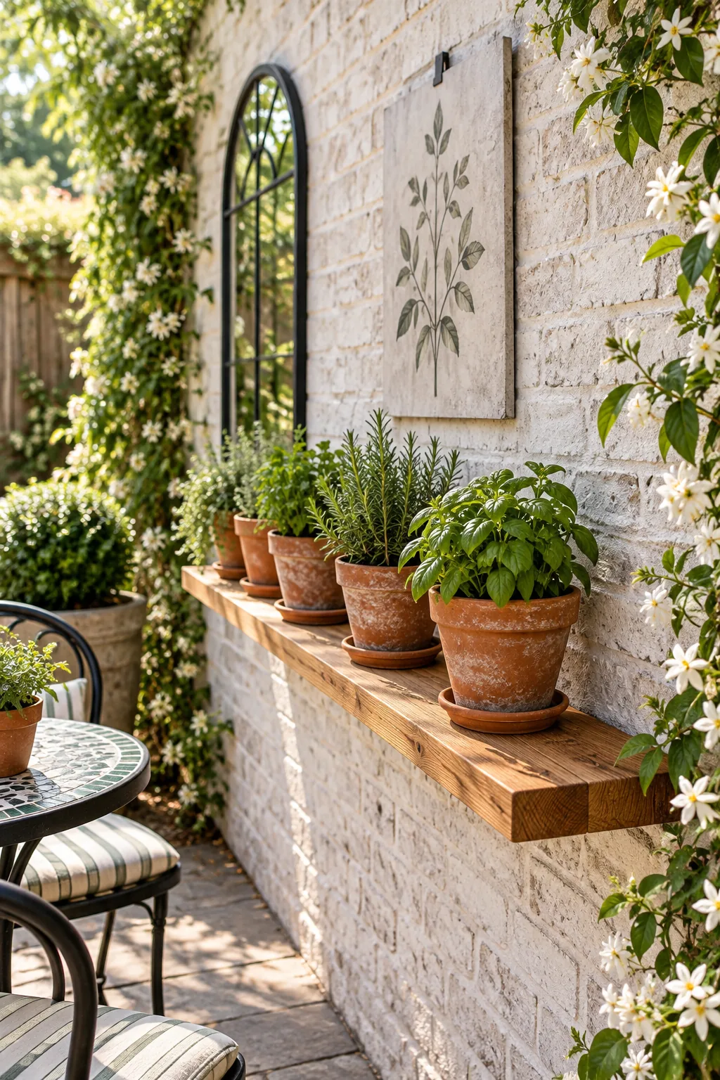 A weatherproof art panel hanging on a white brick wall using a metal clip that grips the brick without screws.