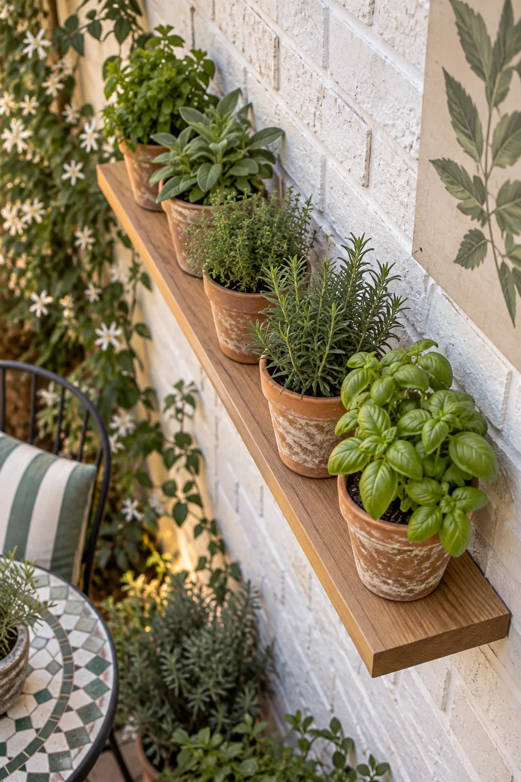 A narrow cedar wood shelf attached to a brick wall, holding small terracotta pots with green herbs.