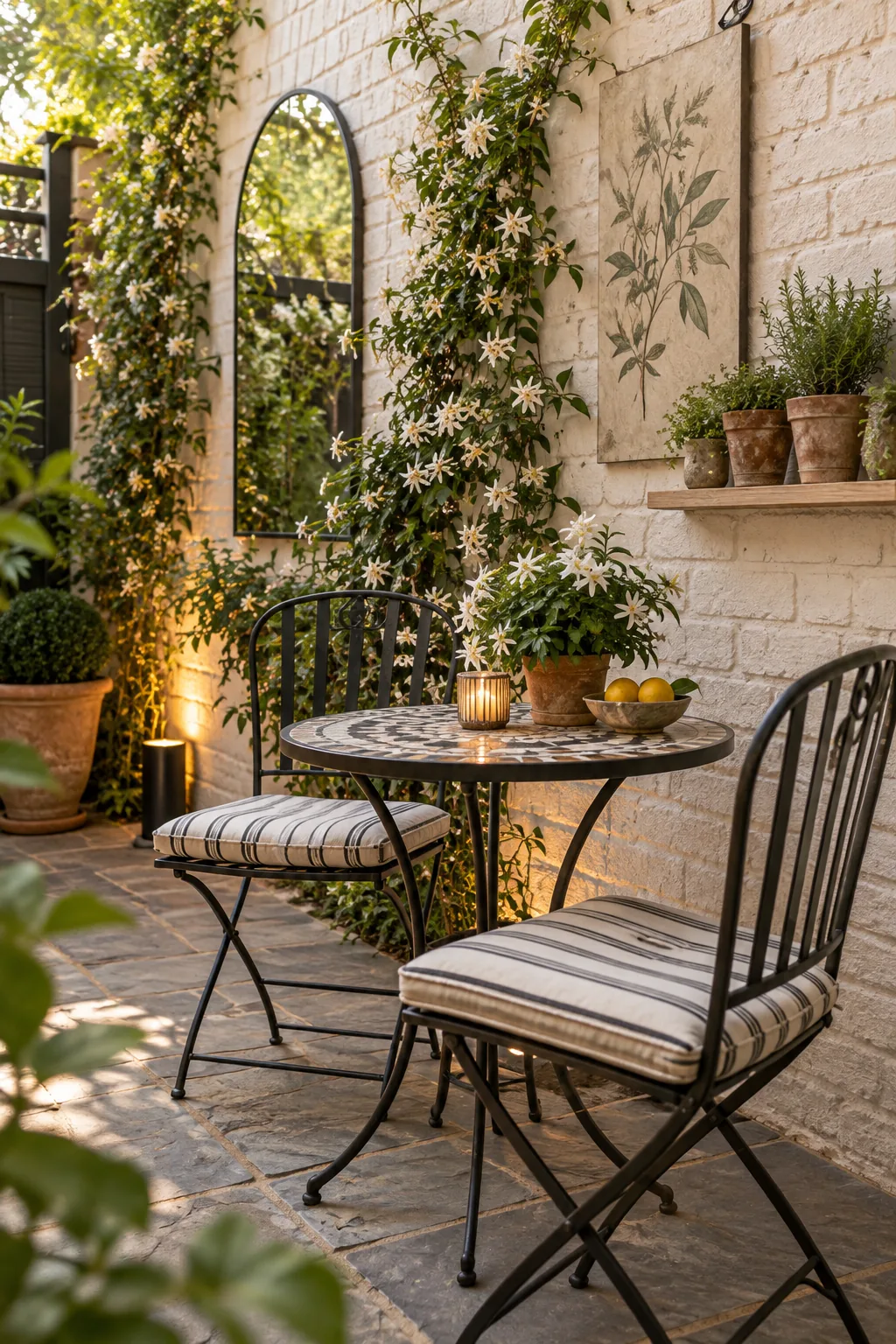 A small black cylindrical uplight sitting on a patio floor, casting warm light up a textured white brick wall.