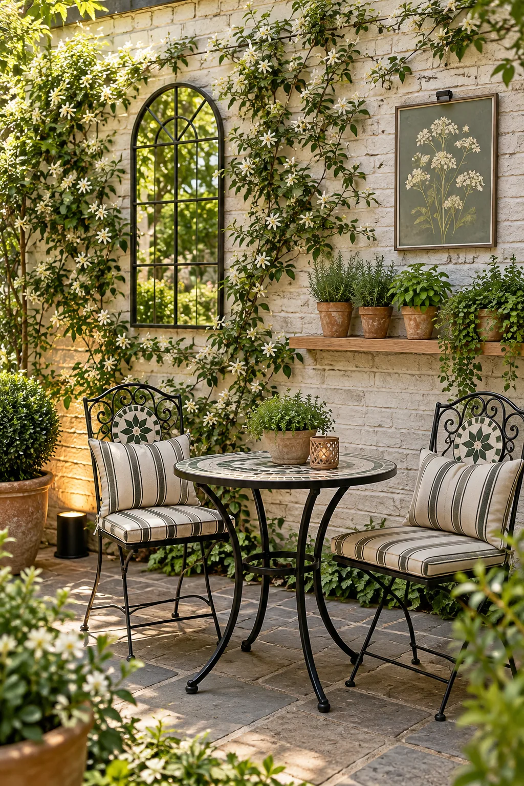 A mosaic bistro table and two chairs with striped cushions set in front of a decorated white brick wall.
