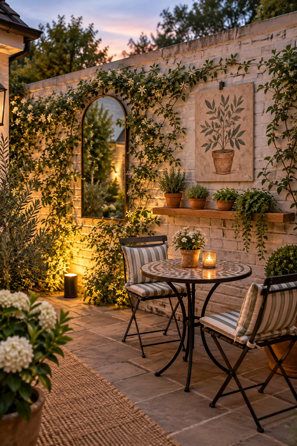 A beautifully styled small courtyard patio at dusk, featuring a decorated lit brick wall and a cozy seating area.