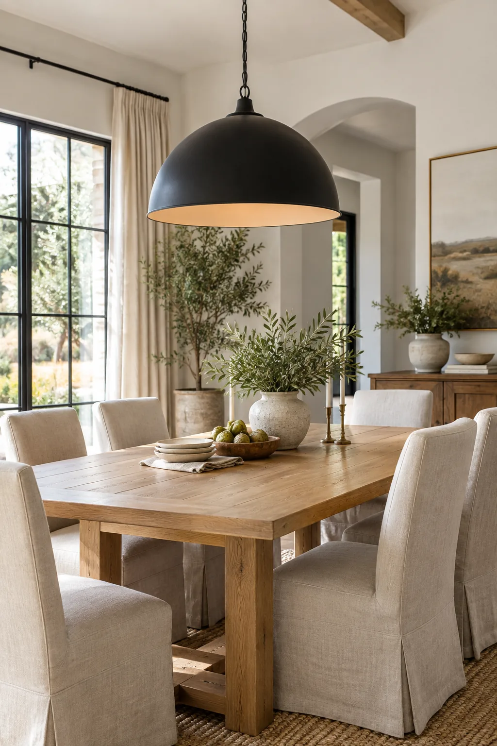 A matte black dome pendant over a white oak table in a modern farmhouse dining room.
