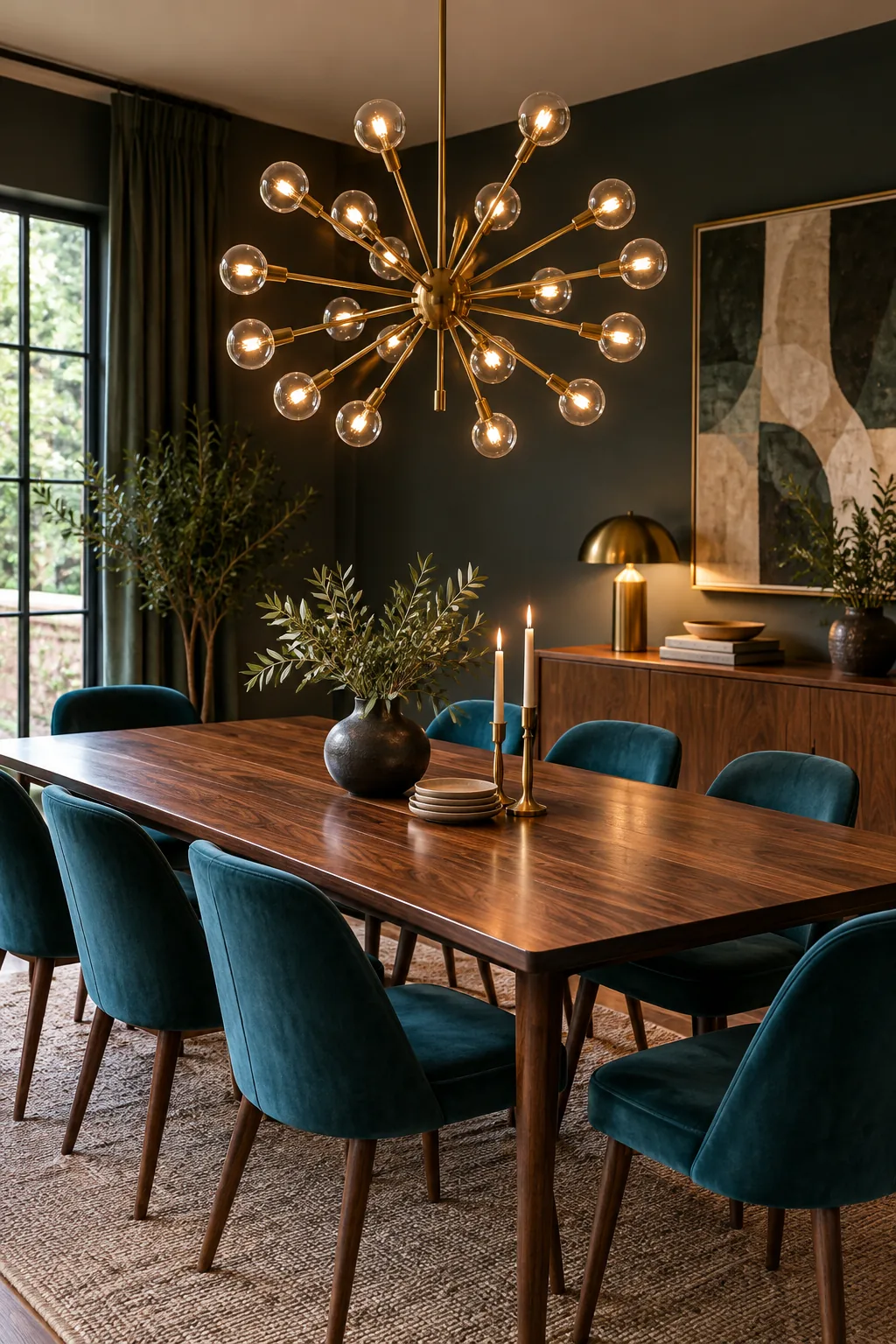 A brass sputnik chandelier over a walnut table with teal velvet chairs.