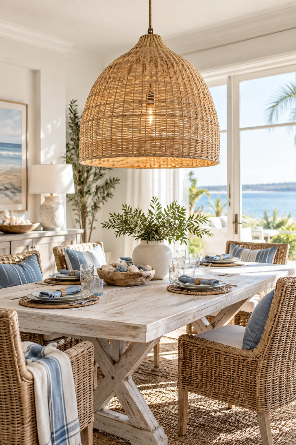 An oversized woven rattan pendant over a whitewashed wood table in a coastal dining room.