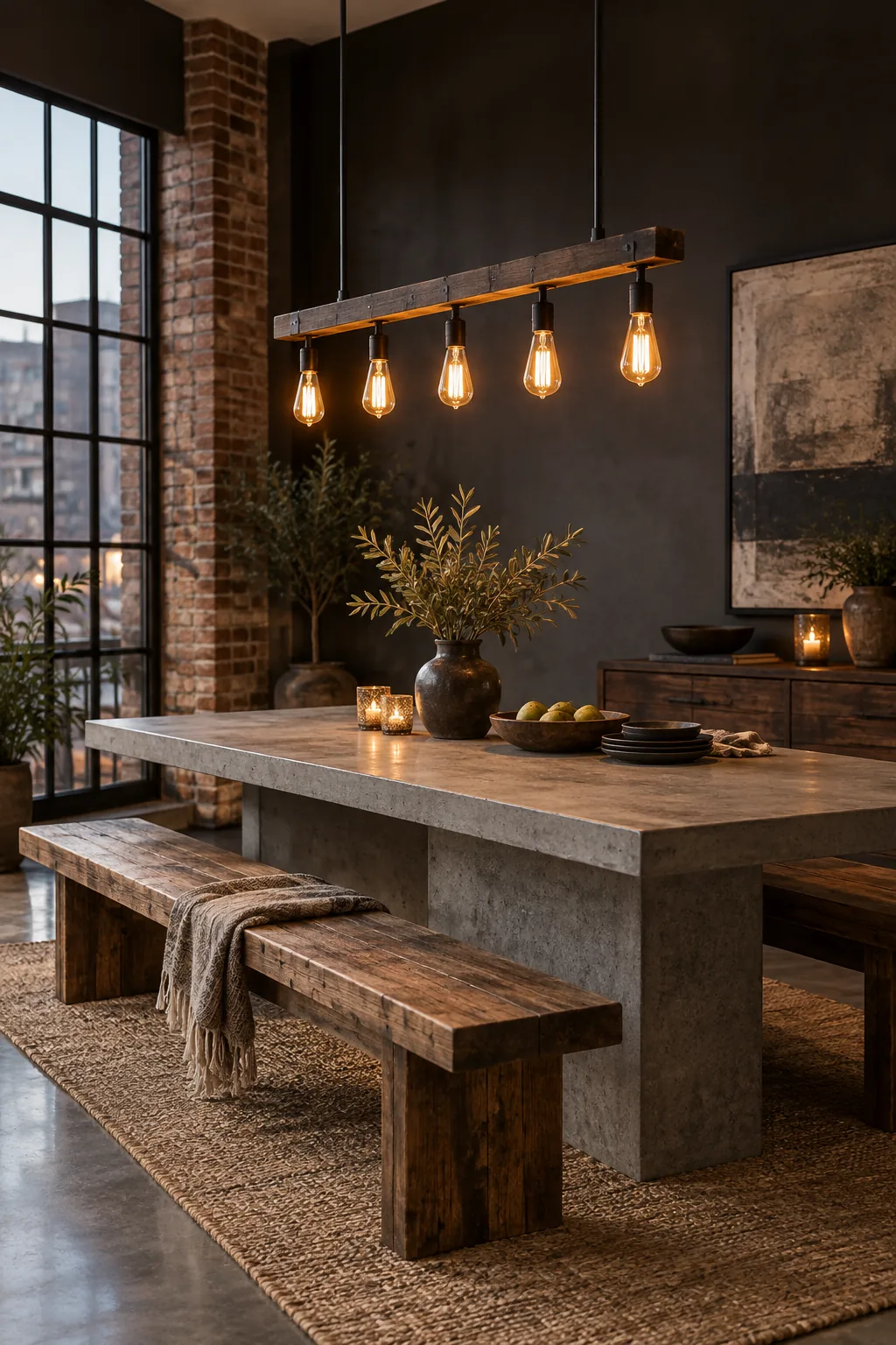 An exposed bulb linear fixture over a concrete dining table in an industrial loft.