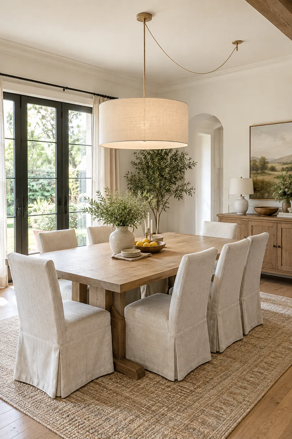 Elevated view of a wide linen pendant hanging over an oak dining table, showing clearance on the sides.