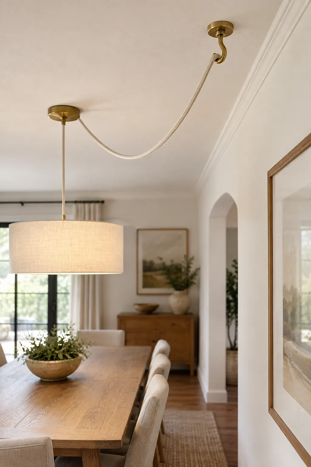 A brass swag hook in a white ceiling holding a fabric-wrapped pendant cord.