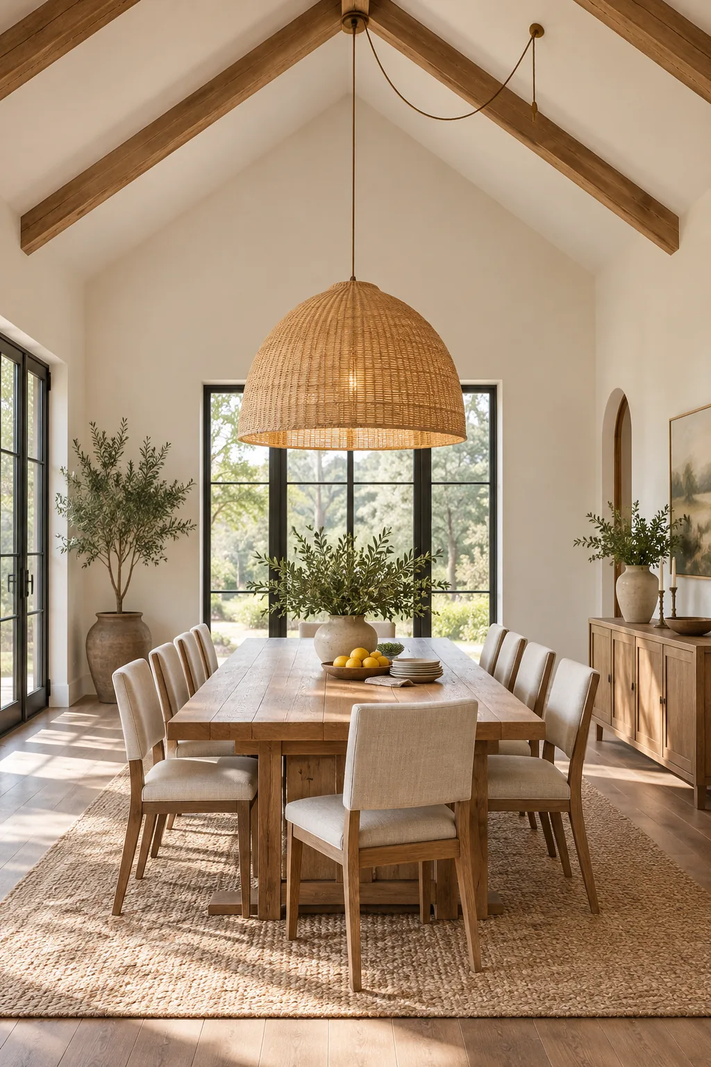 Eye-level profile showing the vertical gap between a glowing linen pendant and an oak tabletop.