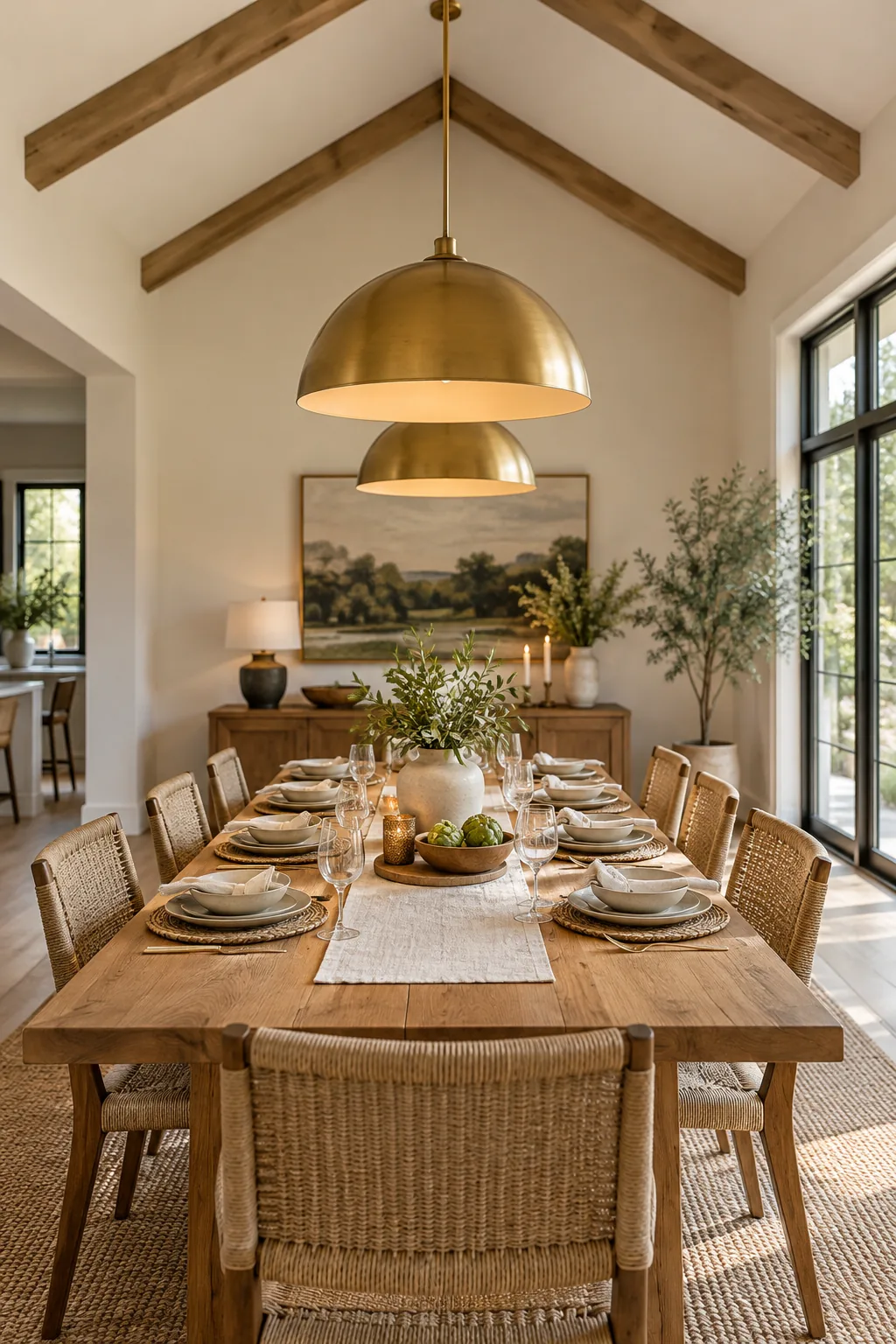 A dining room with tall vaulted ceilings and a proportionally hung woven pendant light.