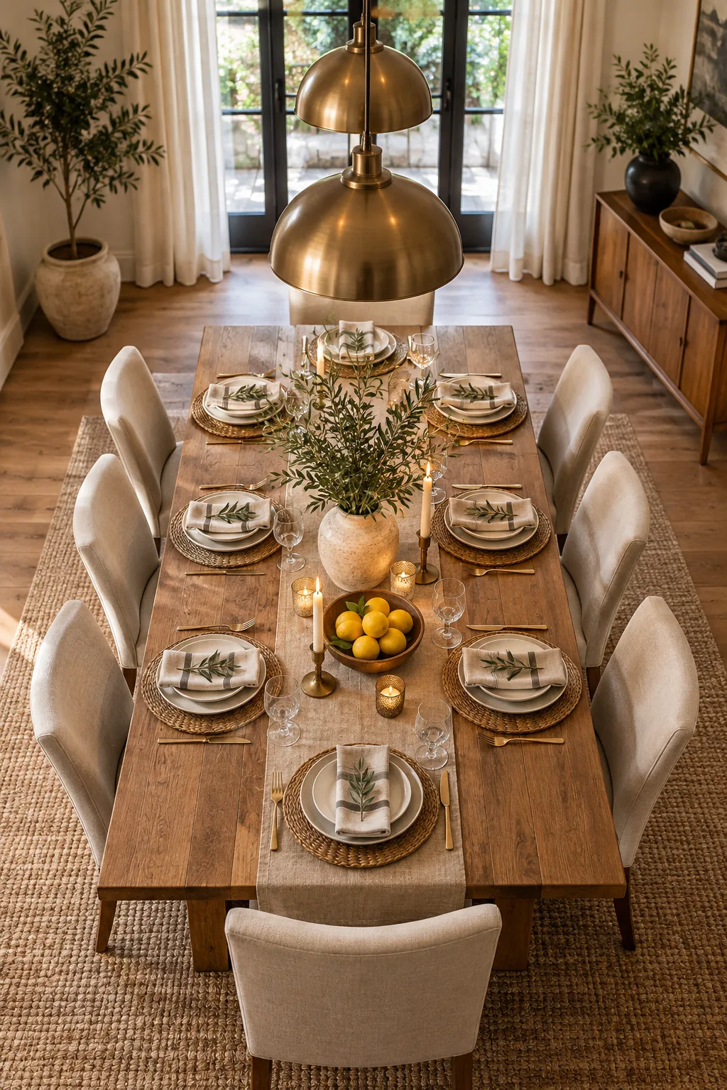 Two matching brass dome pendants hanging evenly spaced over a long 8-seater dining table.