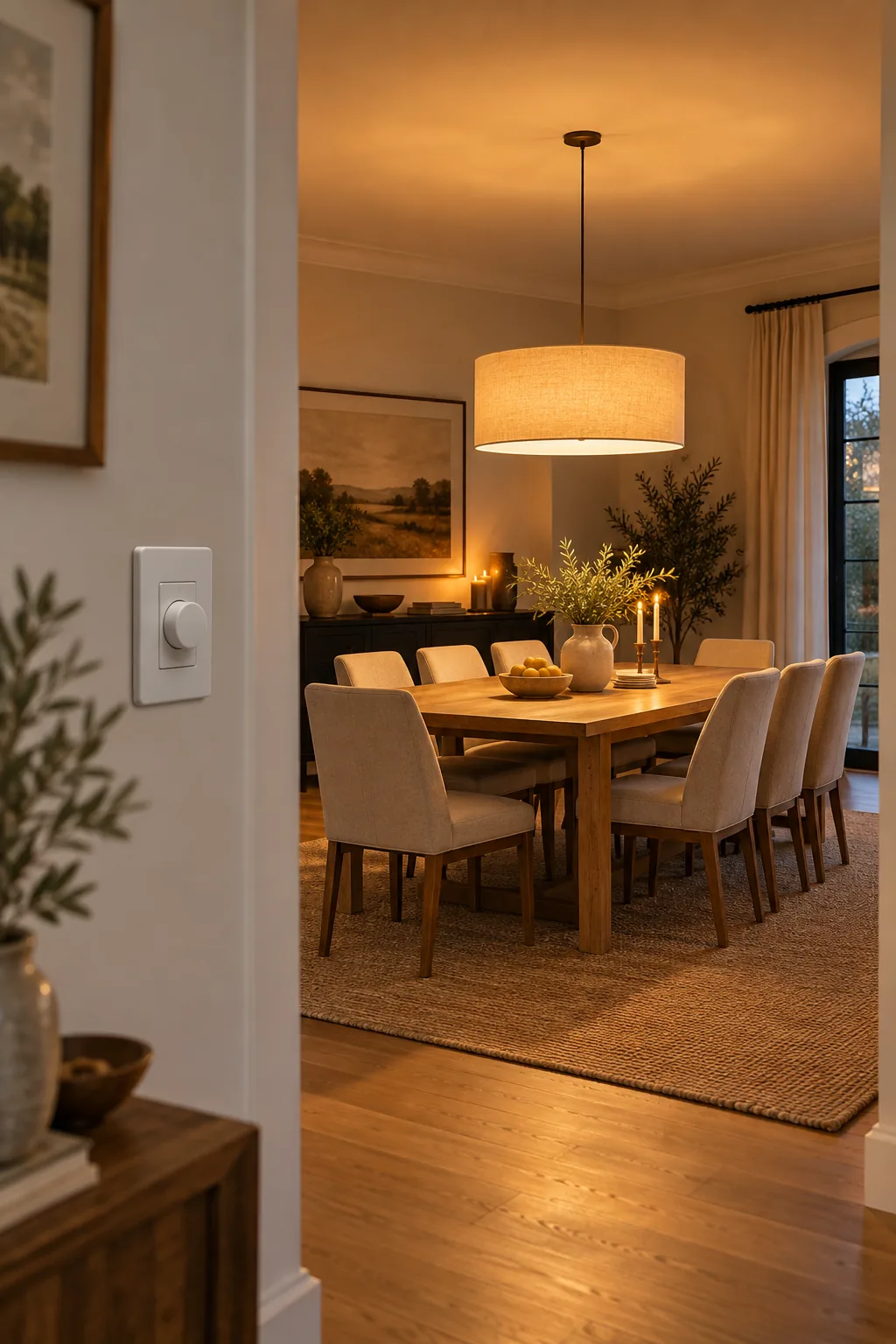 A white wall dimmer switch in the foreground with a warmly lit dining room in the background.