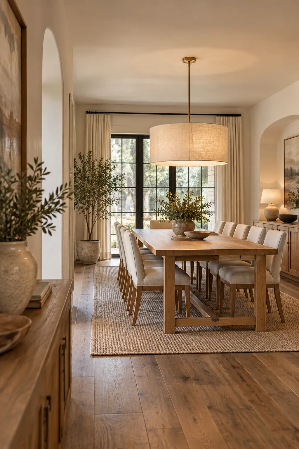 A beautifully styled 8-seater dining room with perfectly proportioned and centered lighting.