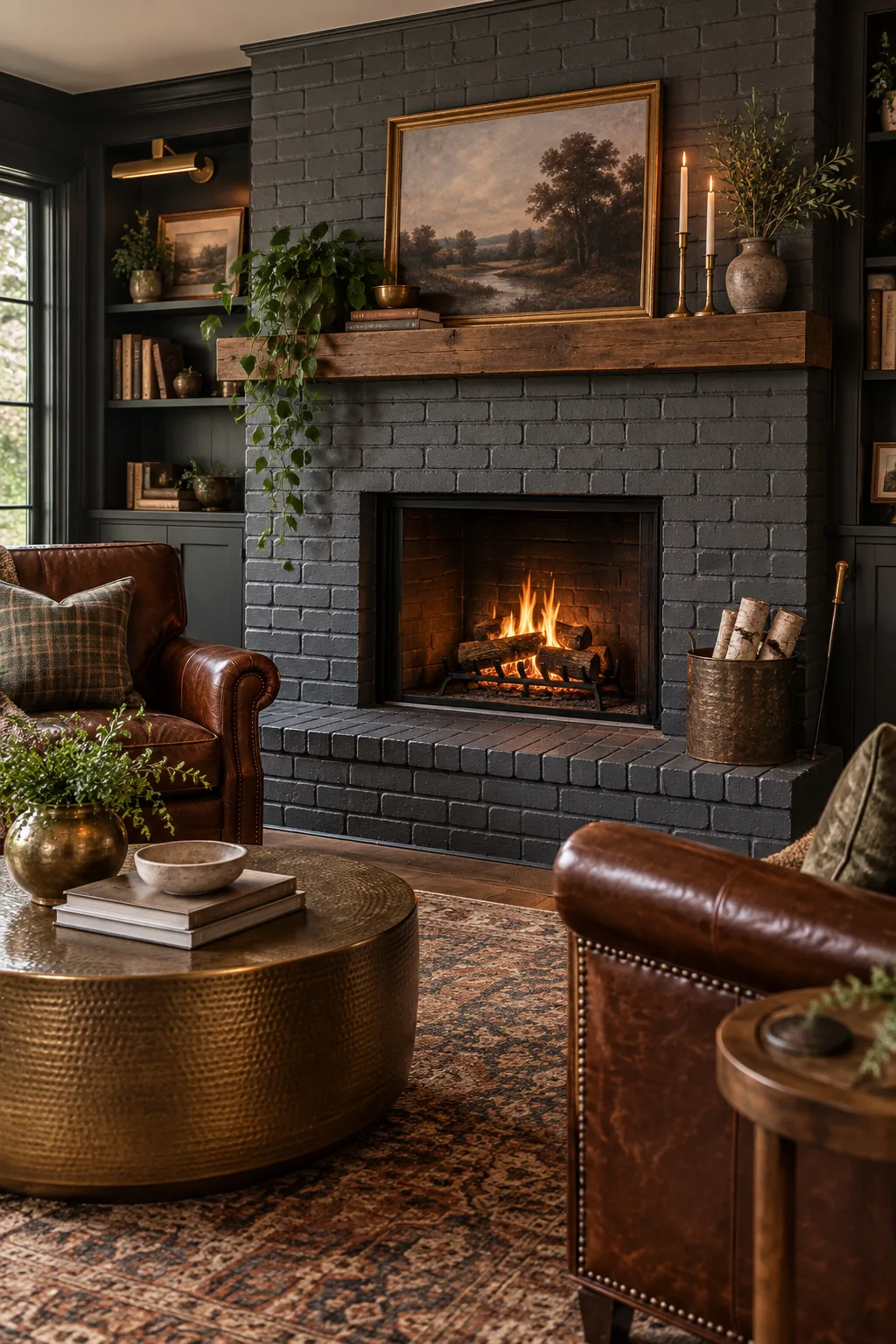 Charcoal grey painted brick fireplace in a dark, moody den with leather chairs.