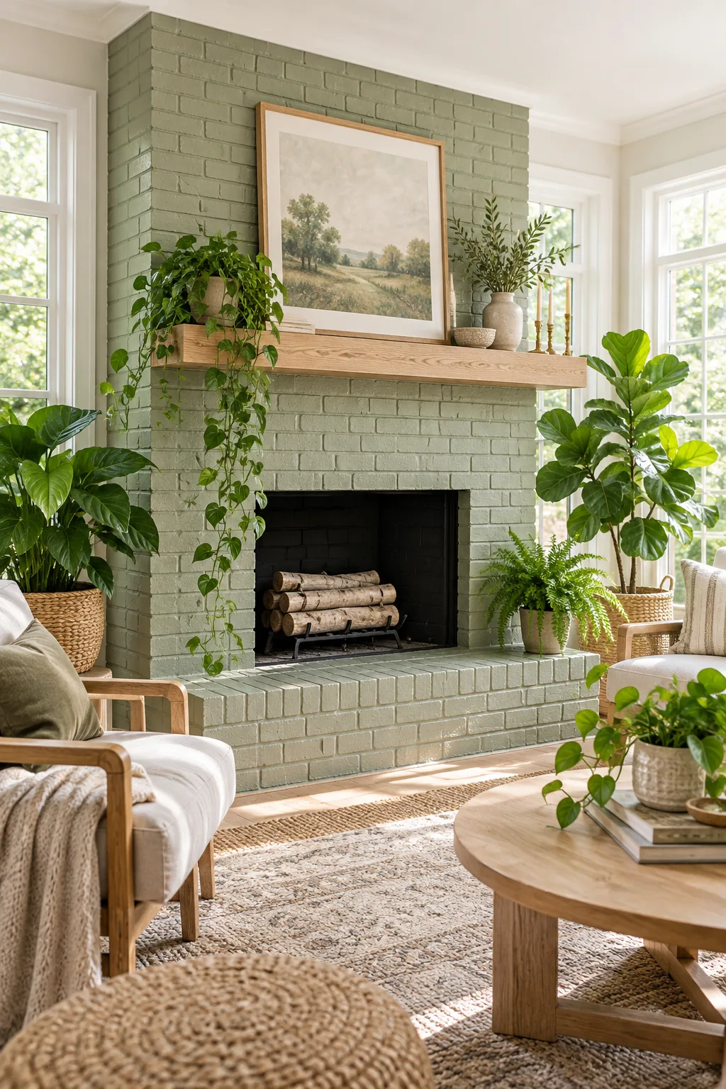 Sage green painted brick fireplace in a bright sunroom with plants.