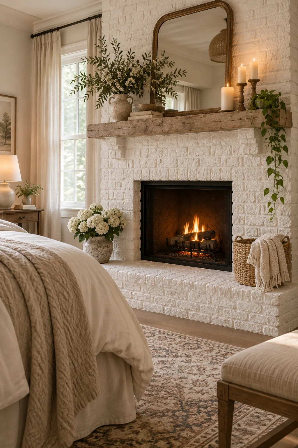 Limewashed white brick fireplace in a romantic bedroom with soft linens.