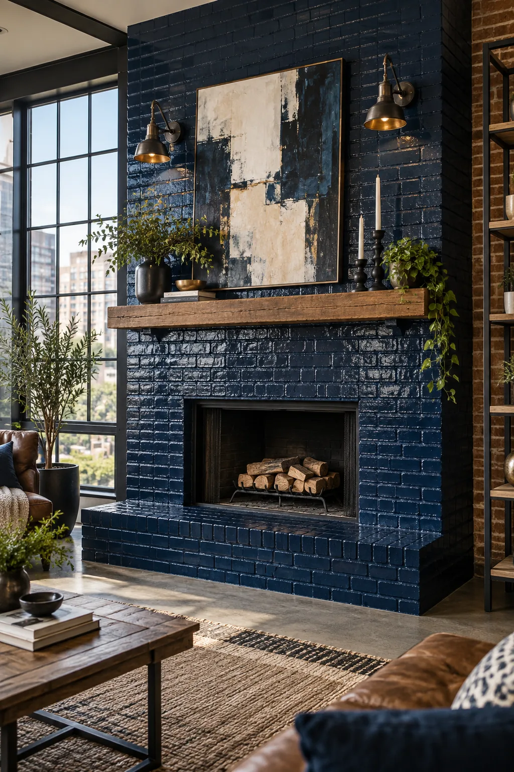 High-gloss navy blue painted brick fireplace in an industrial modern loft.