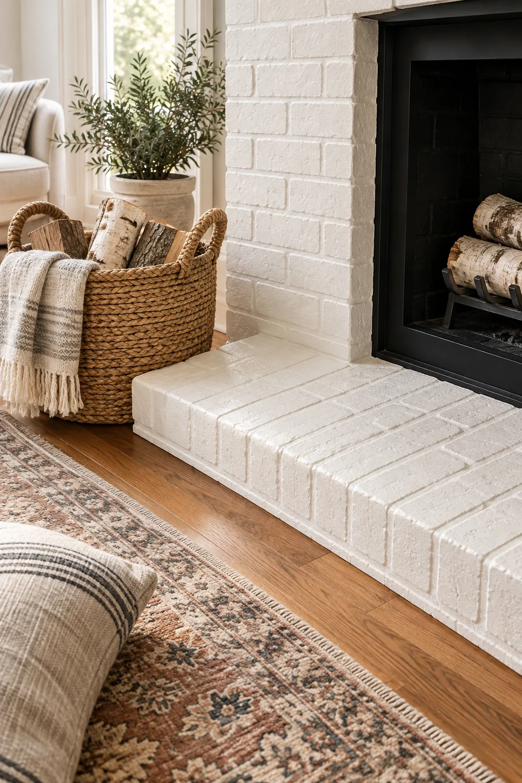 Lower section of a white painted brick fireplace with a woven basket holding birch logs.