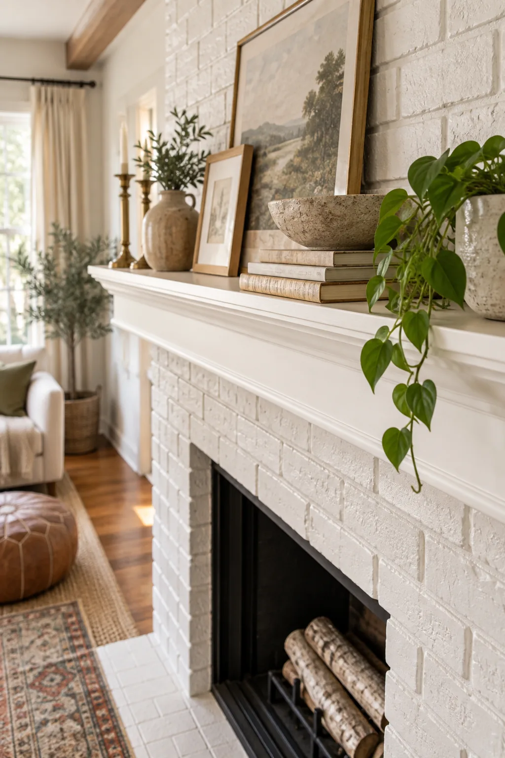 High angle view of a white painted brick hearth meeting a hardwood floor with a vintage rug.