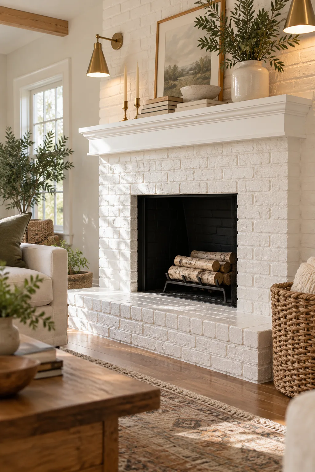 White wooden mantle shelf with books and a bowl against a painted white brick wall.
