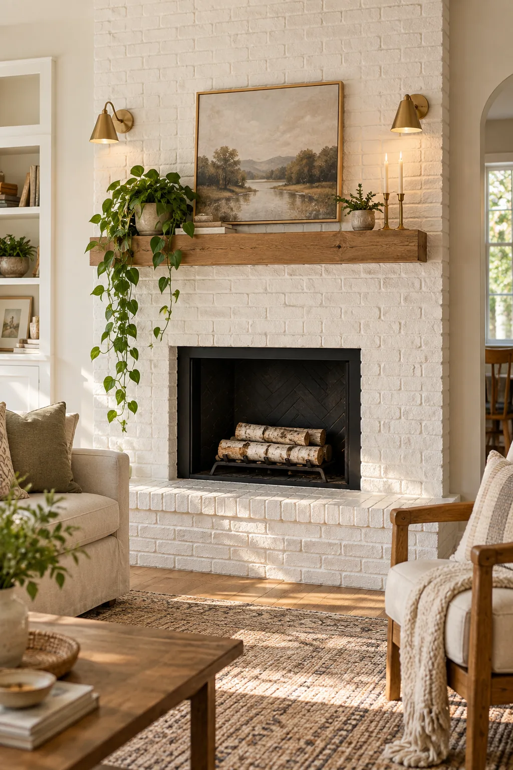 Close up of painted white brick showing fully coated mortar joints behind a brass sconce.