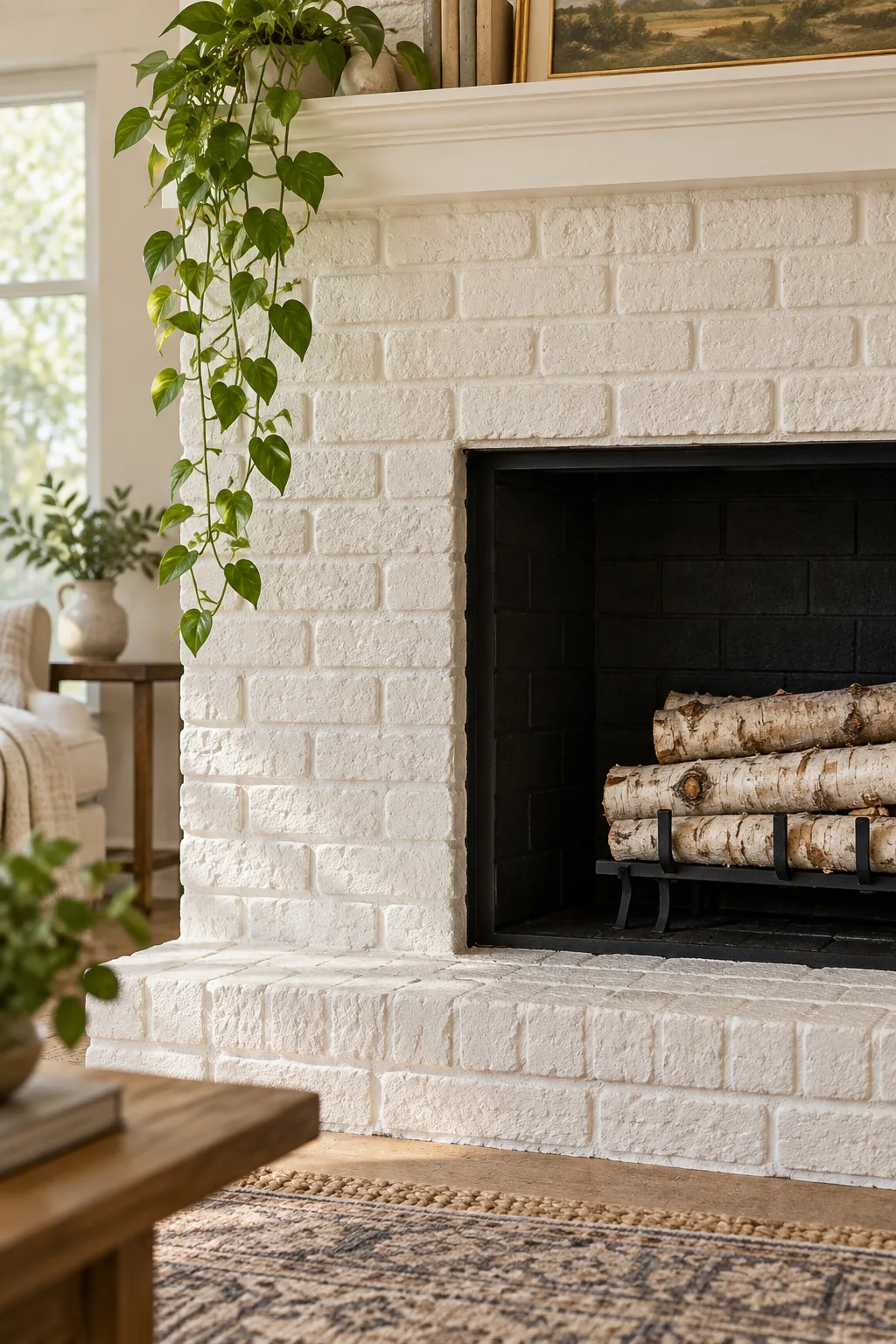 Textured face of a white painted brick fireplace with a green trailing plant above.