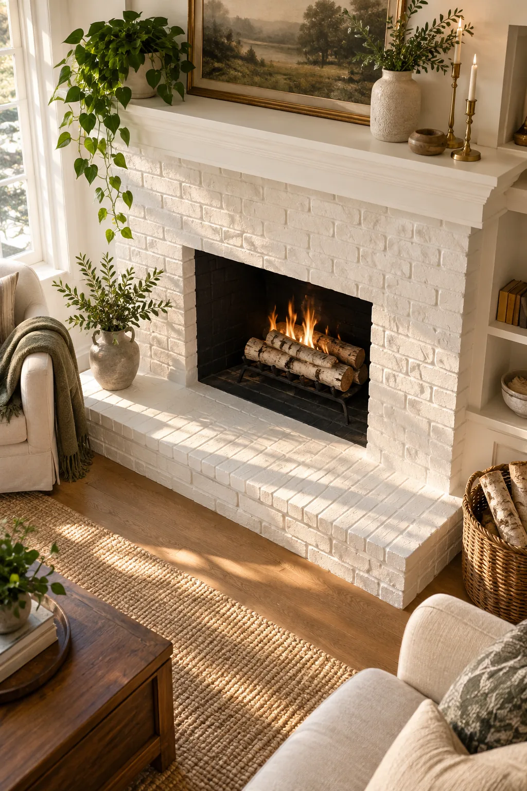 Crisp paint line between a white brick surround and a black interior firebox with logs.