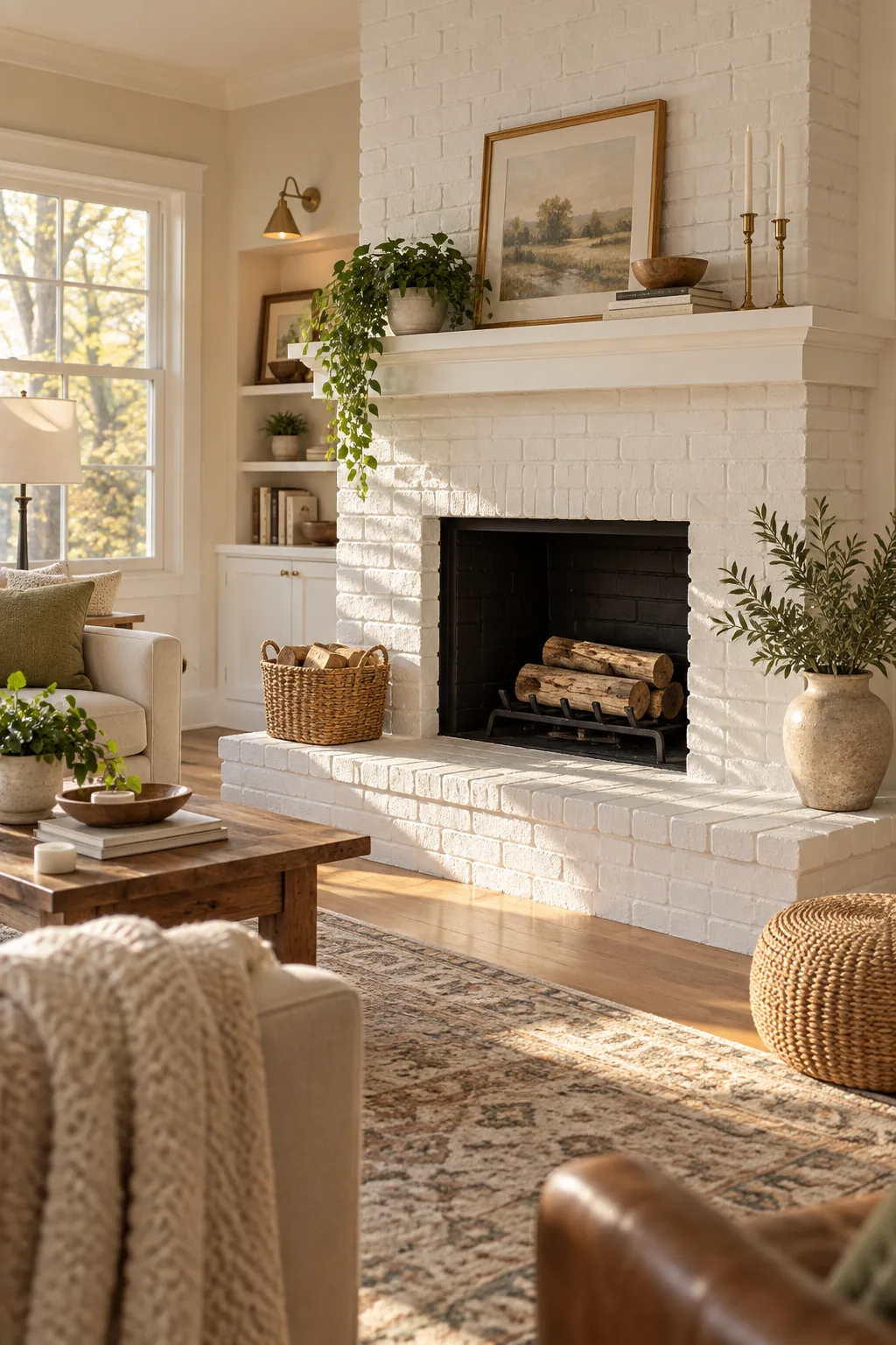 White painted brick fireplace glowing in warm afternoon sunlight.