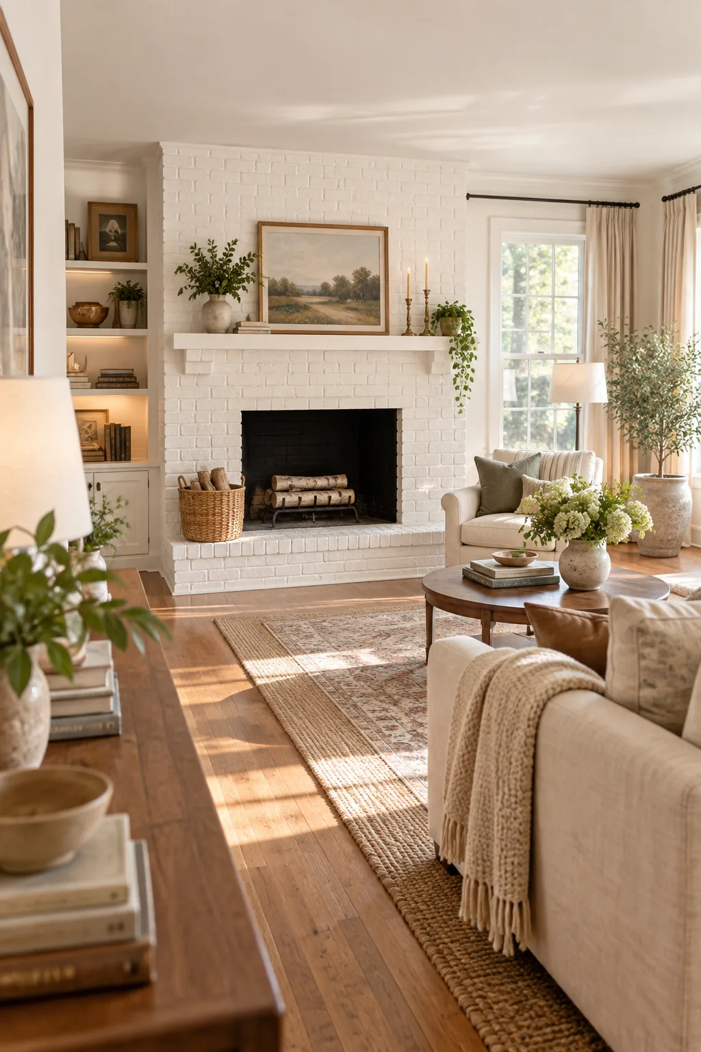 Full living room view centered on a bright white painted brick fireplace.