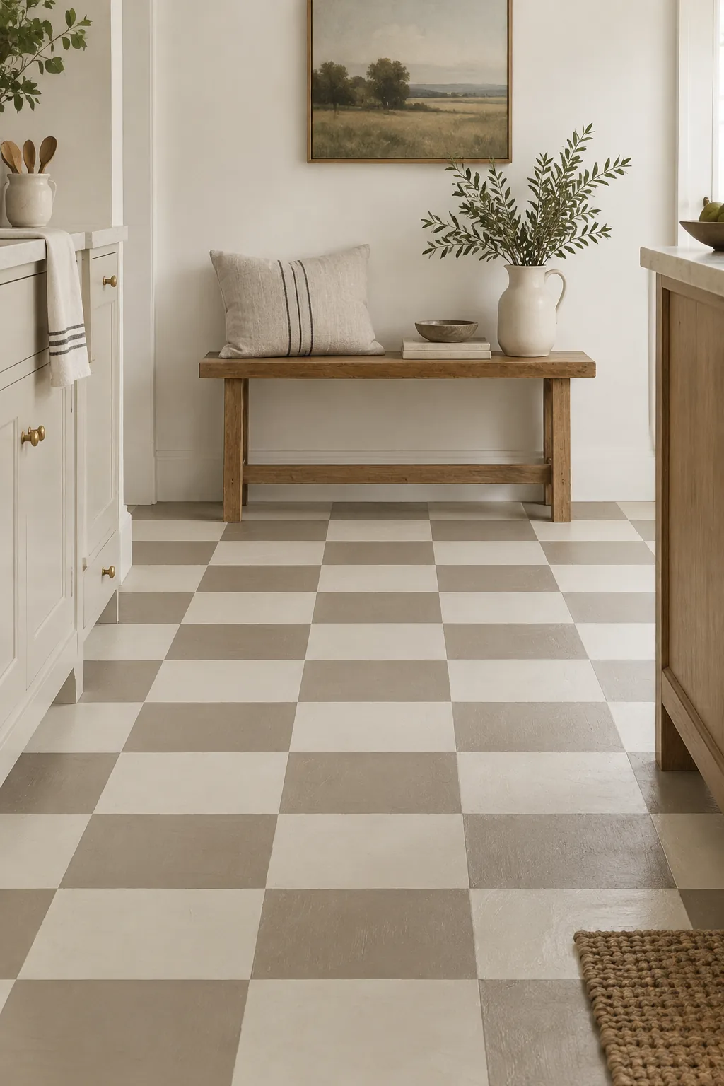 A kitchen floor painted in a large charcoal and white checkerboard pattern.