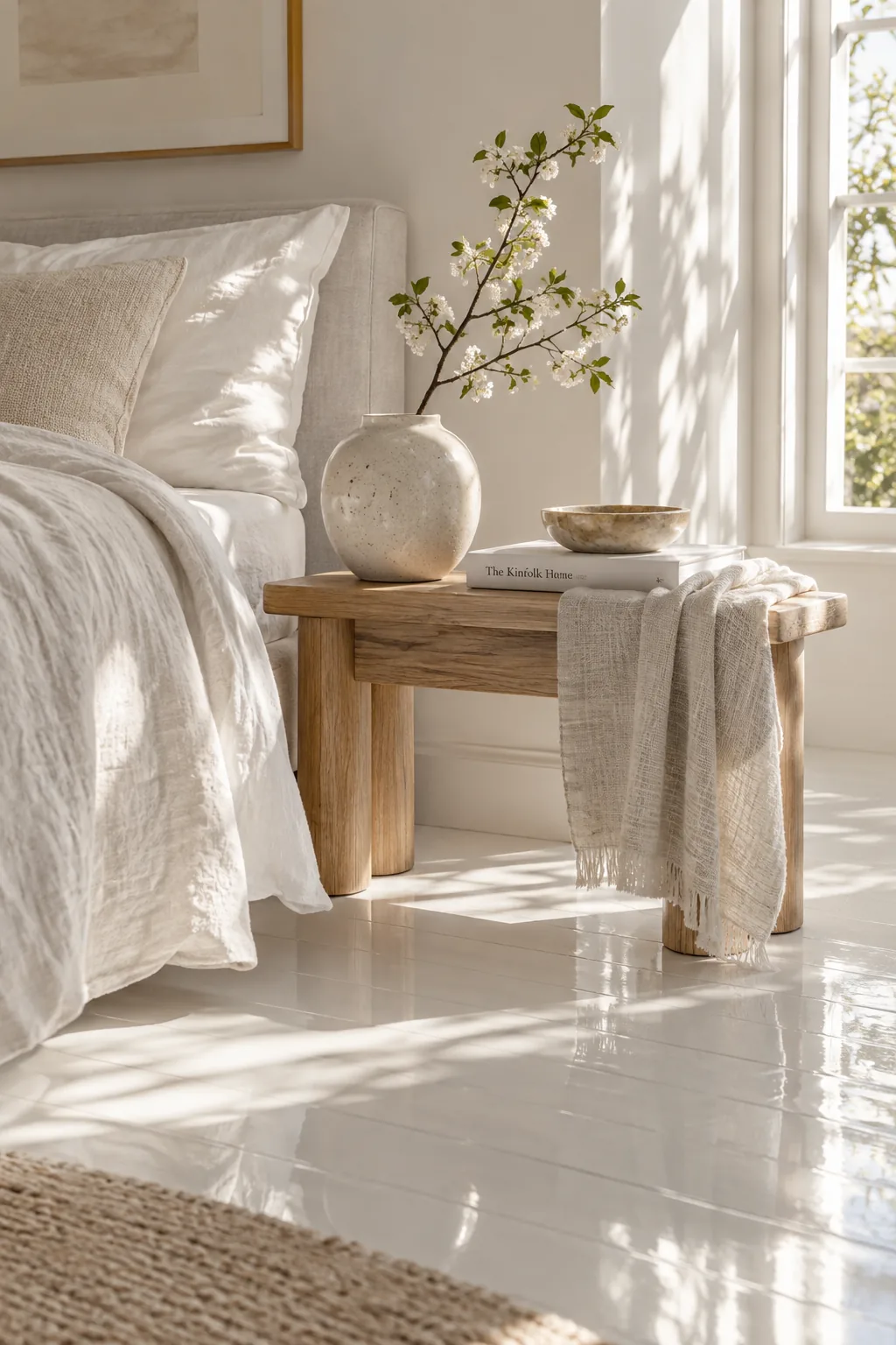 A bright bedroom featuring a high-gloss solid white painted wood floor.