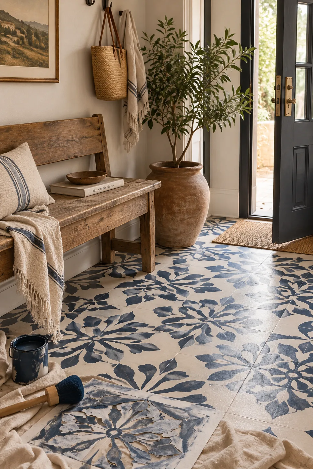 A painted floor featuring a large black and white geometric stencil design.