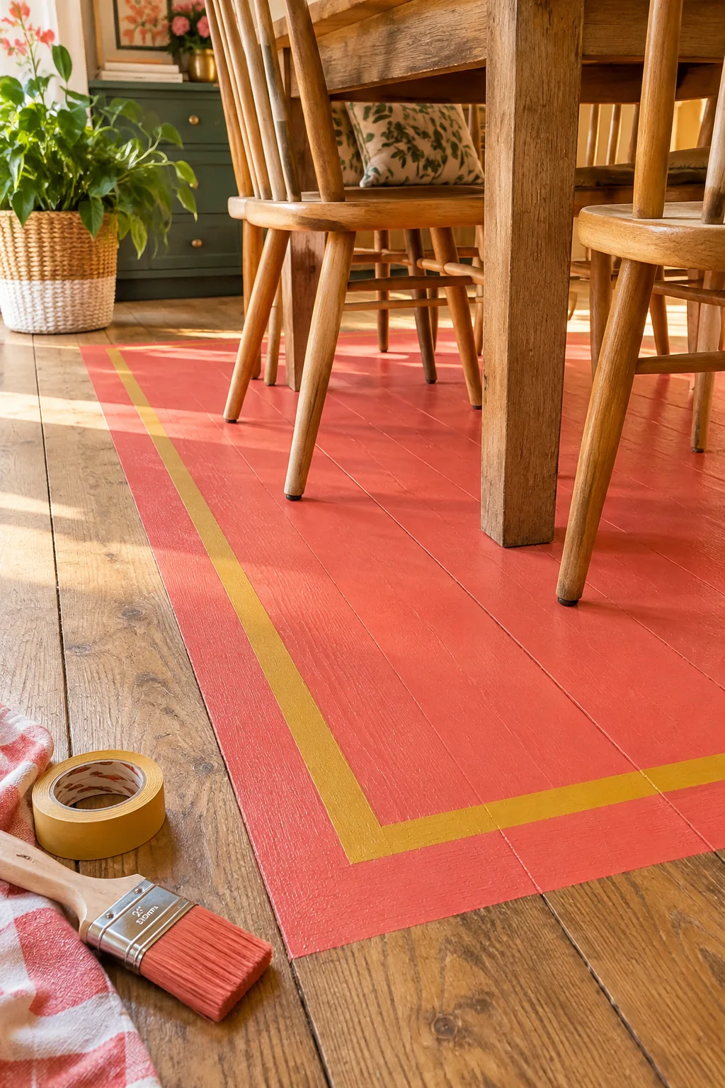 A dining room floor with a large painted blue rectangle acting as a faux rug under the table.