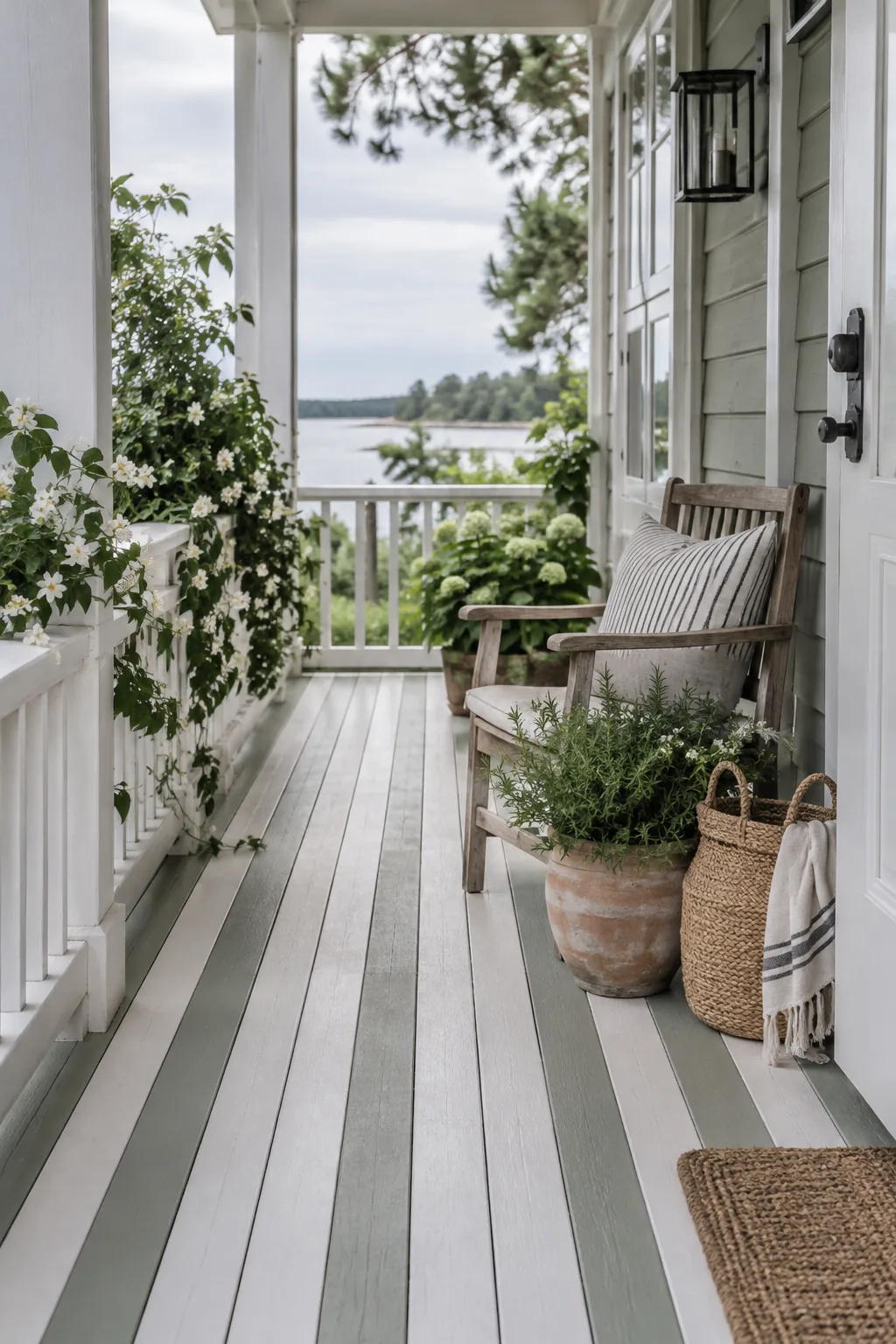 An outdoor porch floor painted with wide, alternating blue and white stripes.