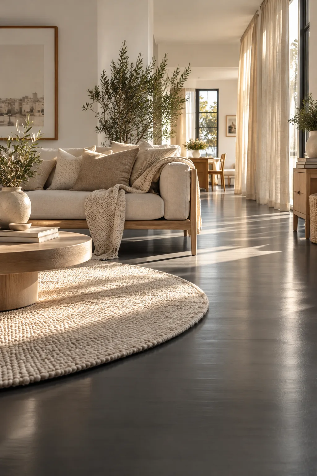 A living room featuring a smooth, dark charcoal gray painted floor.