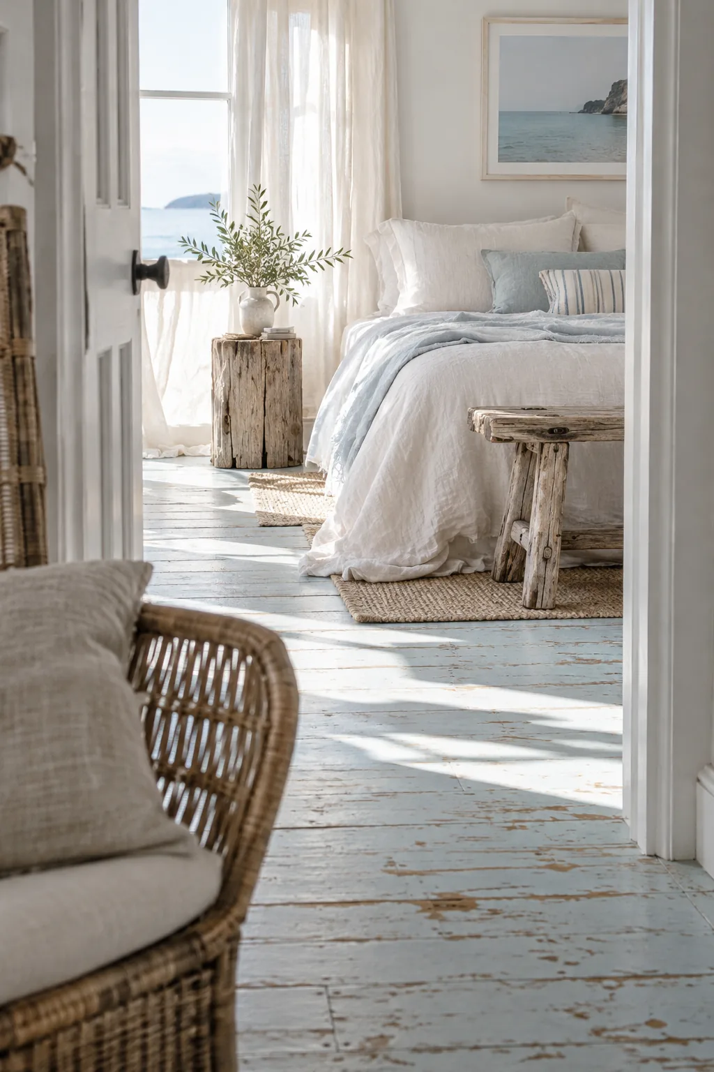 Raw wood floorboards treated with a thin, distressed white paint wash.