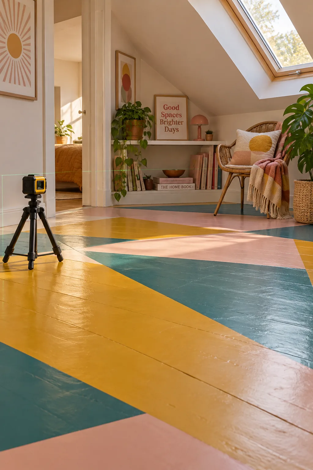 A modern painted floor featuring overlapping geometric triangles in mustard, teal, and blush.