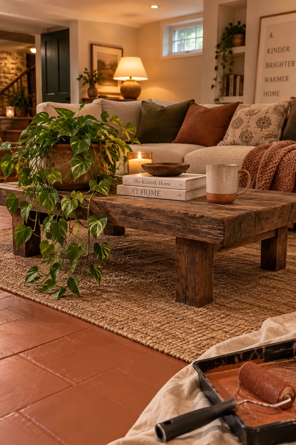 A basement concrete floor painted in a warm, matte terracotta color.