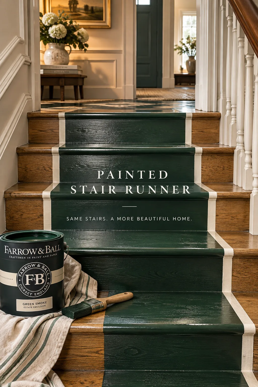 A wooden staircase with a painted navy blue runner cascading down the center.