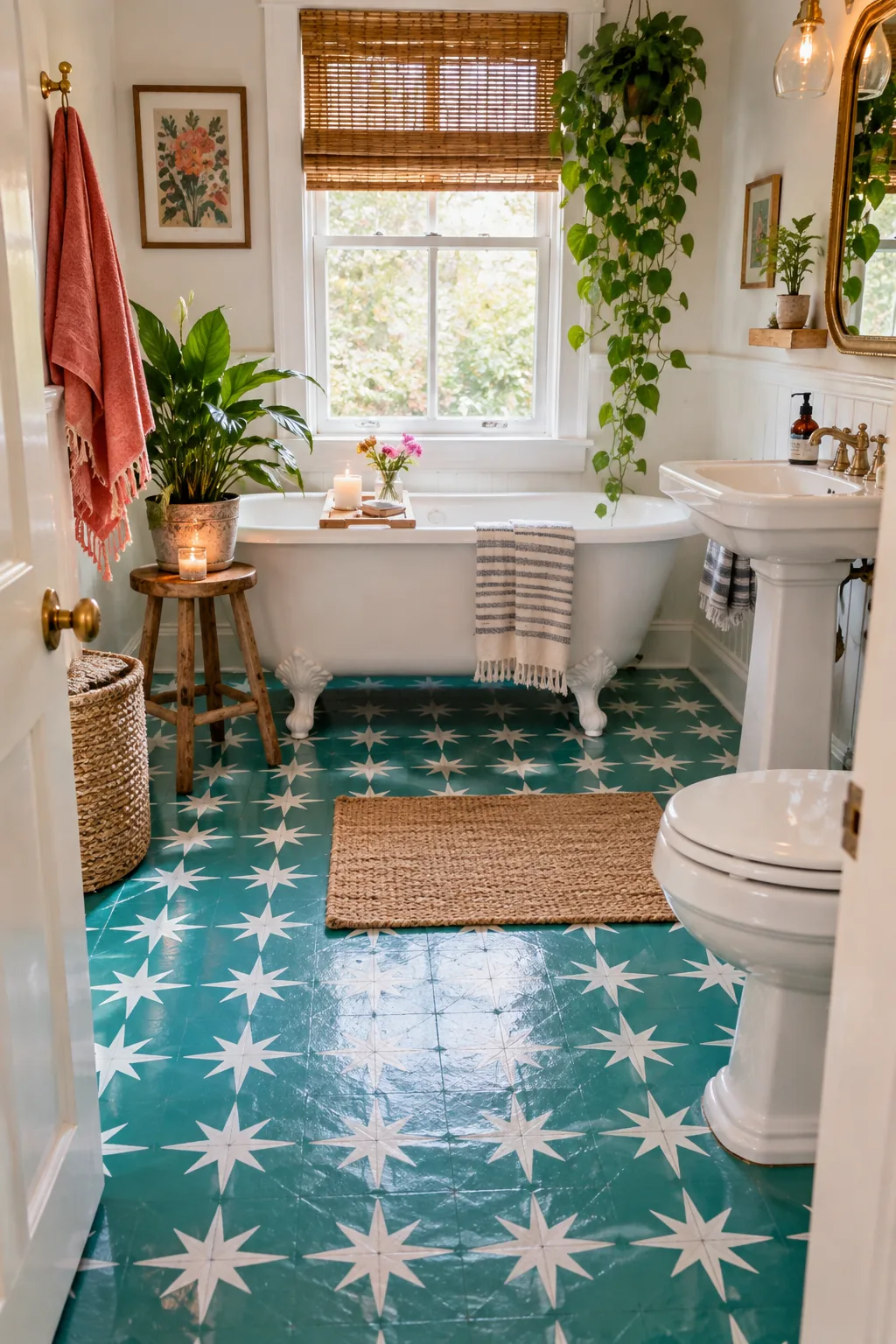 A bathroom floor with previously dated ceramic tiles painted gray with white starburst stencils.