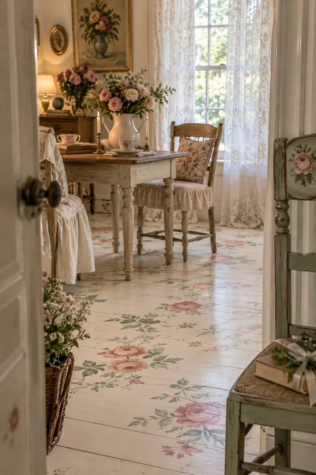 A pale green painted wood floor with freehand white daisies scattered across it.