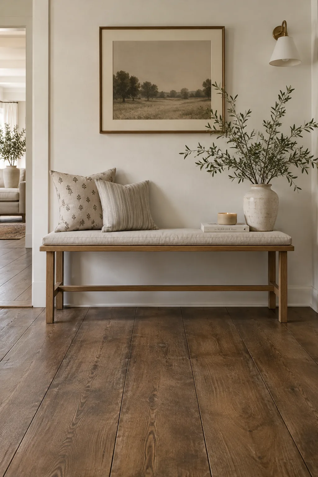 A plain plywood floor painted to look like expensive wide plank hardwood.