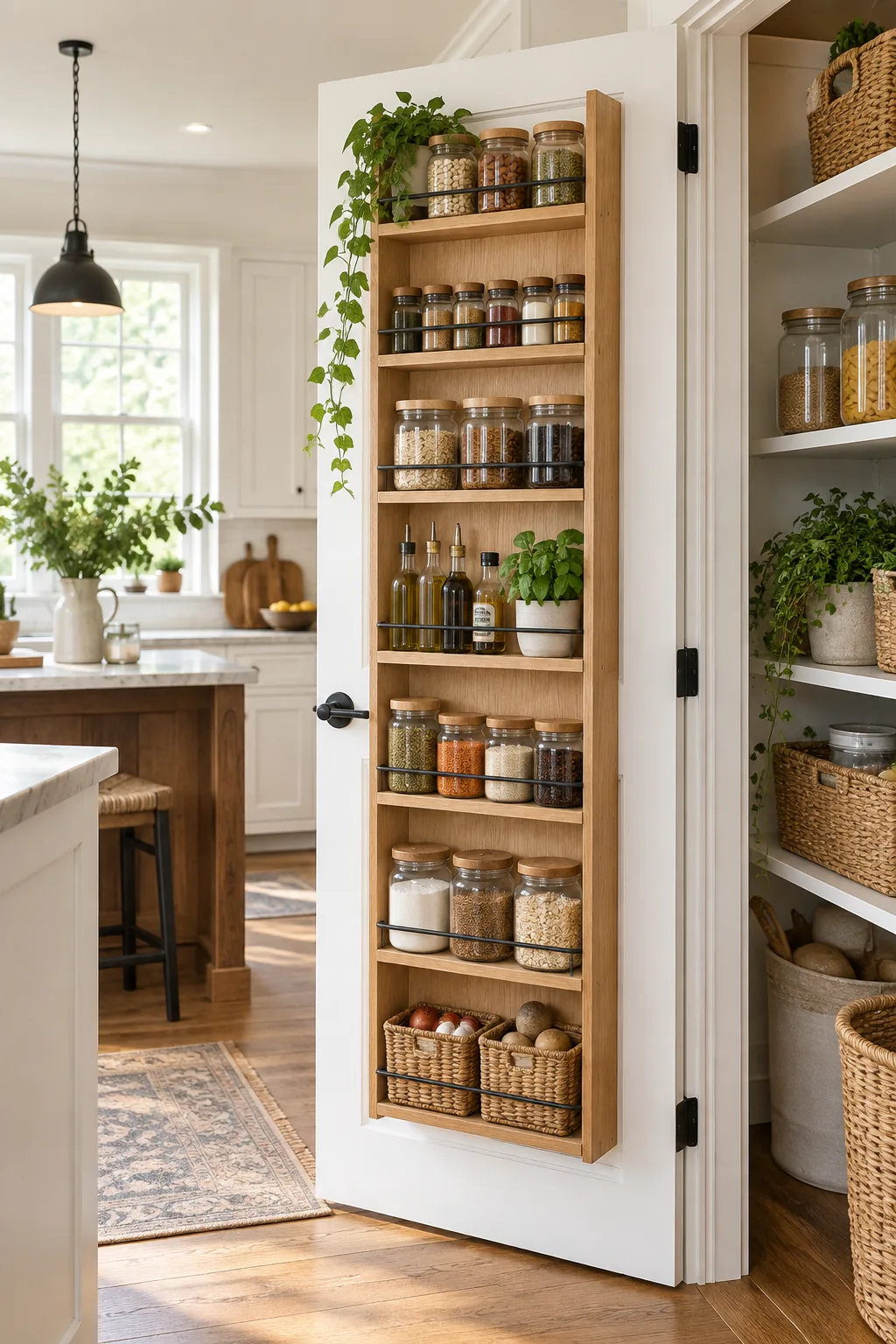 A natural oak wood storage rack mounted on a white pantry door, styled with black hardware and glass jars.